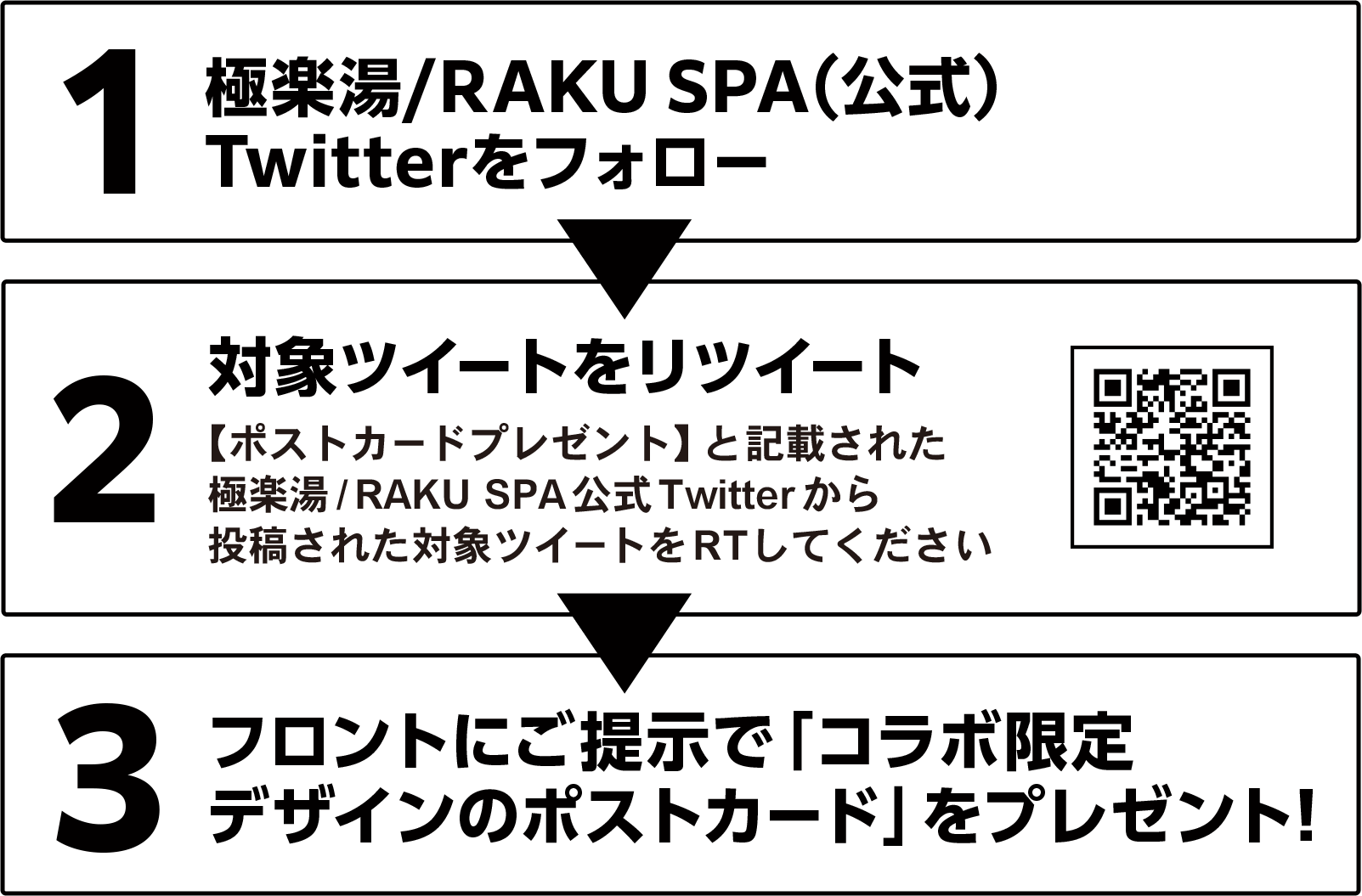 1.極楽湯/RAKU SPA（公式）Twitterをフォロー。2.【ポストカードプレゼント】と記載された極楽湯/RAKU SPA公式Twitterから投稿された対象ツイートをRTしてください。3.フロントにご提示で「コラボ限定デザインのポストカード」をプレゼント！