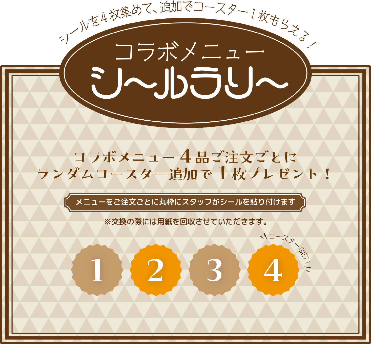 コラボメニュー4品ご注文ごとにランダムコースター追加で1枚プレゼント！